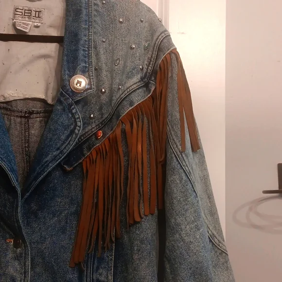SB ll by Bitterman leather fringe Denim Jacket Vintage BOHO small - Picture 3 of 15